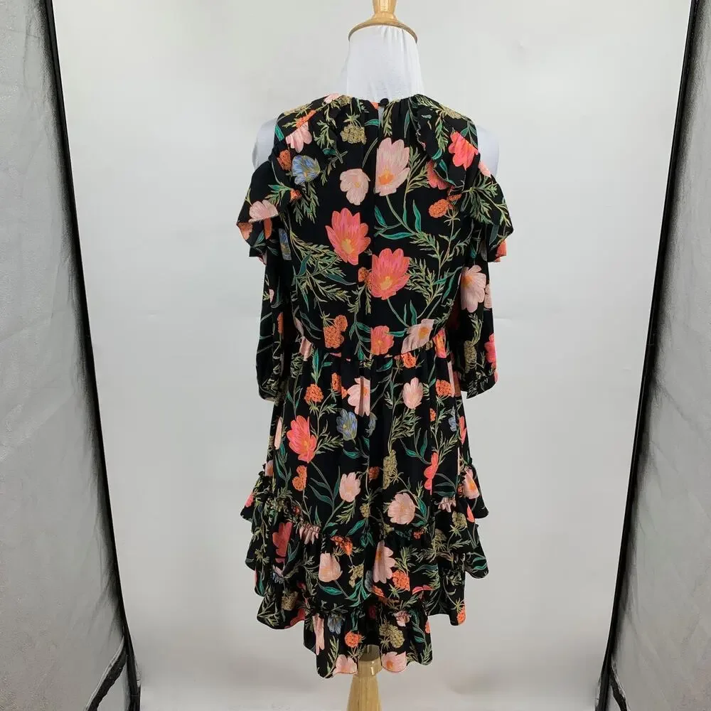 Kate Spade Dress Womens 00 Blossom Floral Cold Shoulder Side Zip Ruffled Tiered